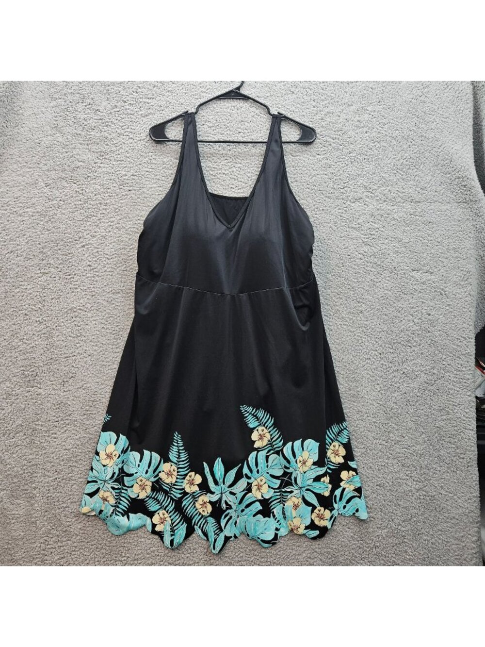 Swimsuit For All Black Blue Size 28 Tropical Print Swim Dress Adjustable Straps